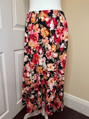 Black Floral Midi Skirt with Pink & Orange Blooms
